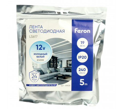 Светодиодная лента Feron LS617 12В 19Вт/м 6500К 5м IP20 48828 Светодиодная лента Feron LS617 12В 19Вт/м 6500К 5м IP20 48828