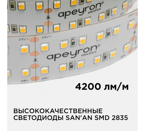 Светодиодная лента Apeyron 24В ПРО 42Вт/м smd2835 240д/м IP20 4200Лм/м 5м 4000К 00-316 Светодиодная лента Apeyron 24В ПРО 42Вт/м smd2835 240д/м IP20 4200Лм/м 5м 4000К 00-316