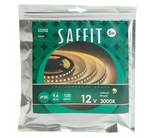 Светодиодная лента Saffit SST02 12В 9,6Вт/м 3000К 5м IP20 55240 Светодиодная лента Saffit SST02 12В 9,6Вт/м 3000К 5м IP20 55240