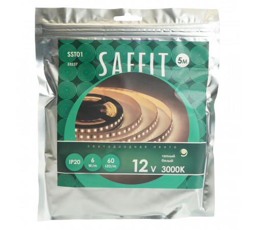 Светодиодная лента Saffit SST01 12В 6Вт/м 3000К 5м IP20 55237 Светодиодная лента Saffit SST01 12В 6Вт/м 3000К 5м IP20 55237