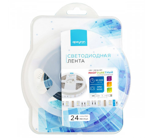 Светодиодная лента Apeyron 12В 7,2Вт/м smd5050 30д/м IP20 360Лм/м 5м RGBW 100BL Светодиодная лента Apeyron 12В 7,2Вт/м smd5050 30д/м IP20 360Лм/м 5м RGBW 100BL