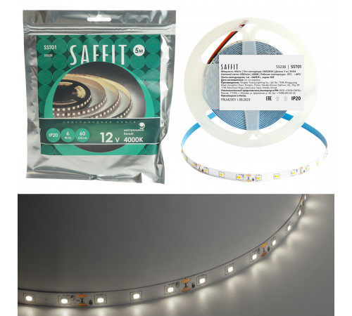 Светодиодная лента Saffit SST01 12В 6Вт/м 4000К 5м IP20 55238 Светодиодная лента Saffit SST01 12В 6Вт/м 4000К 5м IP20 55238