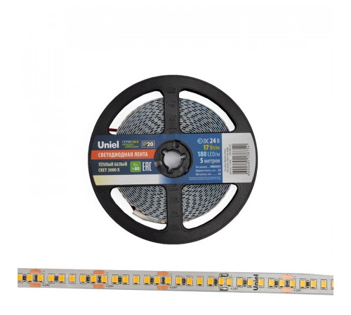 Светодиодная лента Uniel ULS-2835-180LED/m-10mm-IP20-DC24V-17W/m-5M-3000K катушка в герметичной упаковке Светодиодная лента Uniel ULS-2835-180LED/m-10mm-IP20-DC24V-17W/m-5M-3000K катушка в герметичной упаковке