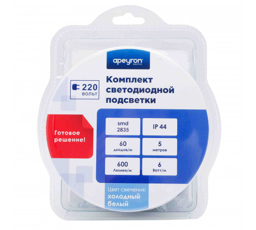 Комплект светодиодной ленты Apeyron 220В 6Вт/м smd2835 60д/м IP65 5м 6500К (сетевой шнур, заглушка, крепежи) 10-55 Комплект светодиодной ленты Apeyron 220В 6Вт/м smd2835 60д/м IP65 5м 6500К (сетевой шнур, заглушка, крепежи) 10-55