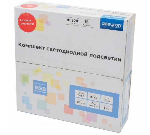 Светодиодная лента Apeyron 220В 12Вт/м smd5050 60д/м IP65 аксессуарами RGB 10-51 Светодиодная лента Apeyron 220В 12Вт/м smd5050 60д/м IP65 аксессуарами RGB 10-51