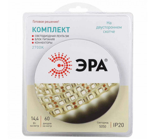 Светодиодная лента ЭРА 14,4W/m 60LED/m 5050SMD теплый белый 5M 5050kit-14,4-60-12-IP20-2700-5m Б0043066 Светодиодная лента ЭРА 14,4W/m 60LED/m 5050SMD теплый белый 5M 5050kit-14,4-60-12-IP20-2700-5m Б0043066