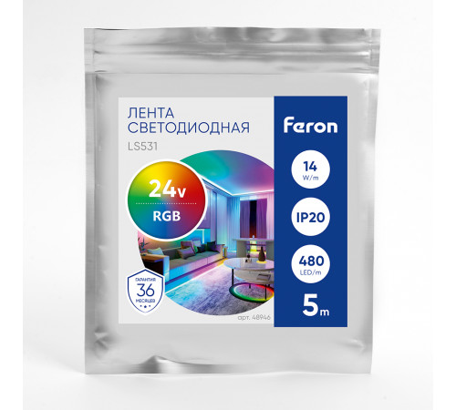 Светодиодная лента Feron LS531 24В 14Вт/м RGB 5м IP20 48946 Светодиодная лента Feron LS531 24В 14Вт/м RGB 5м IP20 48946