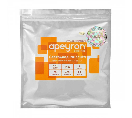Светодиодная лента Apeyron 12В 5050 7,2Вт/м 3000К 600Лм/м 5м IP20 00-437 Светодиодная лента Apeyron 12В 5050 7,2Вт/м 3000К 600Лм/м 5м IP20 00-437