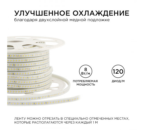 Светодиодная лента Apeyron Стандарт 220В 2835 8Вт/м 4000К 50м IP65 17-40 Светодиодная лента Apeyron Стандарт 220В 2835 8Вт/м 4000К 50м IP65 17-40