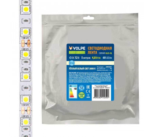 Светодиодная лента Volpe 4,8W/m 60LED/m 2835SMD теплый белый 5M ULS-Q320 2835-60LED/m-8mm-IP20-DC12V-4,8W/m-5M-3000K UL-00004538 Светодиодная лента Volpe 4,8W/m 60LED/m 2835SMD теплый белый 5M ULS-Q320 2835-60LED/m-8mm-IP20-DC12V-4,8W/m-5M-3000K UL-00004538