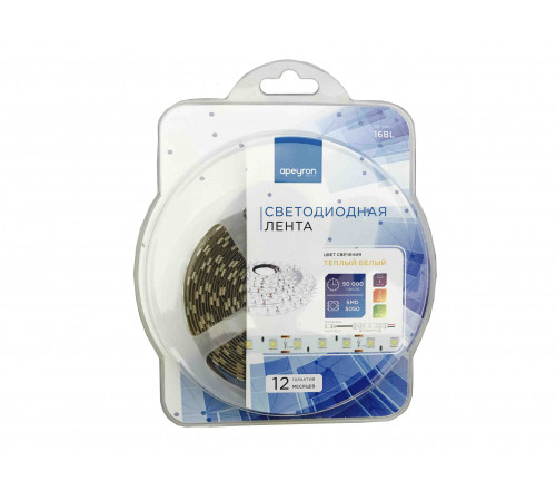 Светодиодная лента Apeyron 12В СТ 14,4Вт/м smd5050 60д/м IP20 700Лм/м 5м 3000К 16BL