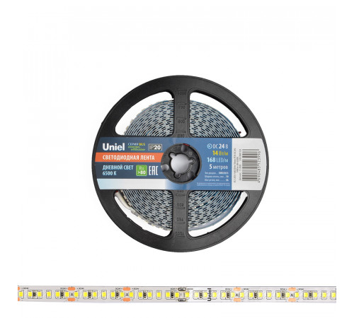 Светодиодная лента Uniel ULS-2835-168LED/m-10mm-IP20-DC24V-14W/m-5M-6500K катушка в герметичной упаковке Светодиодная лента Uniel ULS-2835-168LED/m-10mm-IP20-DC24V-14W/m-5M-6500K катушка в герметичной упаковке