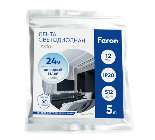 Светодиодная лента Feron LS530 512SMD 12Вт/м 24В 6500К IP20 48968 Светодиодная лента Feron LS530 512SMD 12Вт/м 24В 6500К IP20 48968