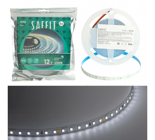 Светодиодная лента Saffit SST02 12В 9,6Вт/м 6500К 5м IP20 55242 Светодиодная лента Saffit SST02 12В 9,6Вт/м 6500К 5м IP20 55242