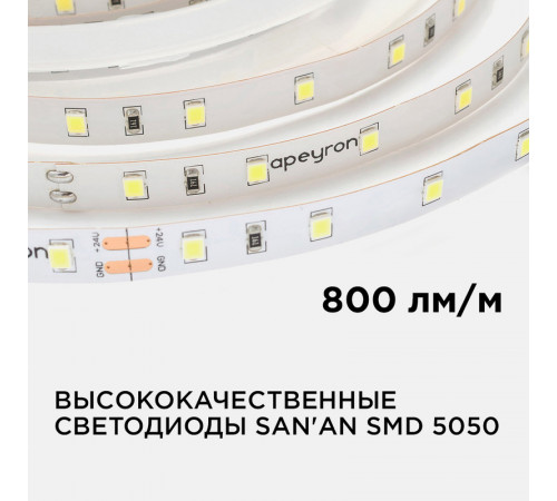 Светодиодная лента Apeyron Стандарт 24В 5050 14,4Вт/м 3000К 5м IP20 00-338 Светодиодная лента Apeyron Стандарт 24В 5050 14,4Вт/м 3000К 5м IP20 00-338