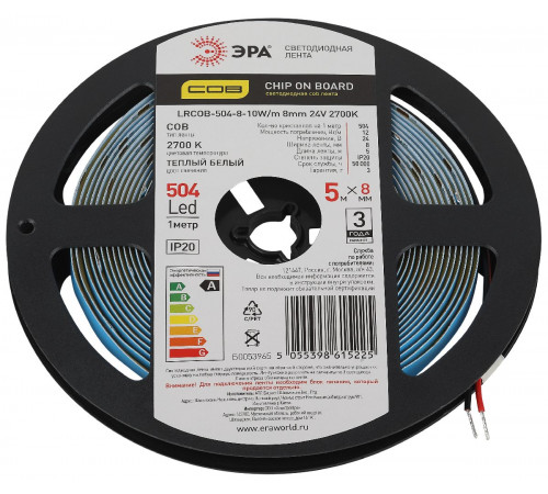 Светодиодная лента Эра 24В 10Вт/м 2700K 5м IP20 LRCOB-504-8 10W/m 8mm 24V 2700K 3year Б0053965 Светодиодная лента Эра 24В 10Вт/м 2700K 5м IP20 LRCOB-504-8 10W/m 8mm 24V 2700K 3year Б0053965