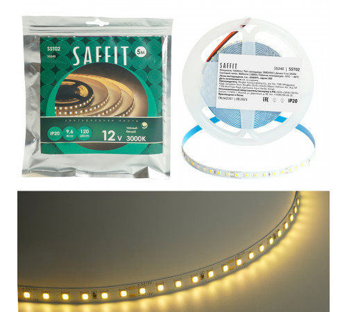 Светодиодная лента Saffit SST02 12В 9,6Вт/м 3000К 5м IP20 55240 Светодиодная лента Saffit SST02 12В 9,6Вт/м 3000К 5м IP20 55240