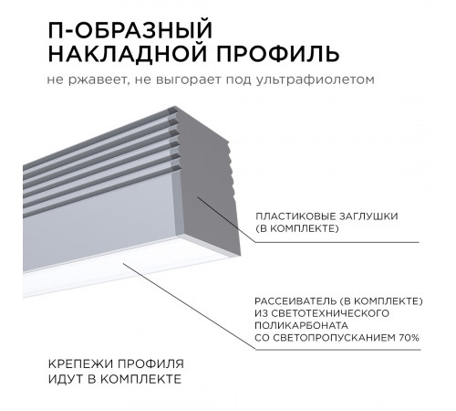 Профиль П-образный накладной Apeyron ширина ленты до 5мм (рассеиватель, заглушки - 2шт, крепеж - 4шт) 08-38 Профиль П-образный накладной Apeyron ширина ленты до 5мм (рассеиватель, заглушки - 2шт, крепеж - 4шт) 08-38