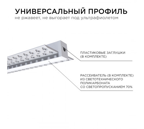 Профиль под штукатурку Apeyron ширина ленты до 12мм (рассеиватель, заглушки - 2шт) 08-48