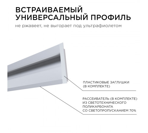 Профиль встраиваемый Apeyron ширина ленты до 10мм (рассеиватель, заглушки - 2шт) 08-42