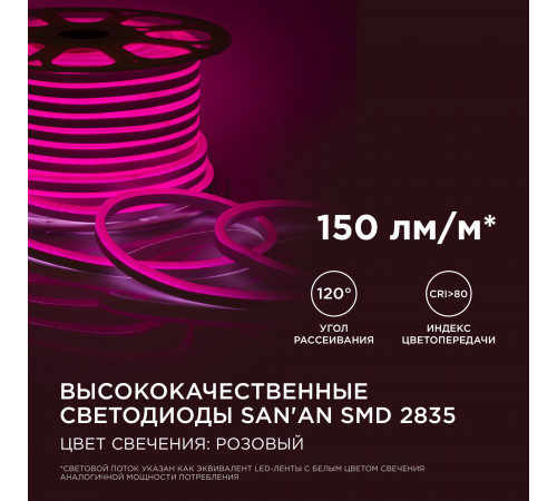 Светодиодный неон двухсторонний Apeyron 220В 6Вт/м smd2835 108д/м IP65 150Лм/м 50м розовый 10-210 Светодиодный неон двухсторонний Apeyron 220В 6Вт/м smd2835 108д/м IP65 150Лм/м 50м розовый 10-210