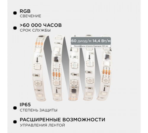 Комплект адресной светодиодной ленты Apeyron 24В 14,4Вт/м smd5050 60д/м IP65 2м RGB (адаптер питания, контроллер) 10-95