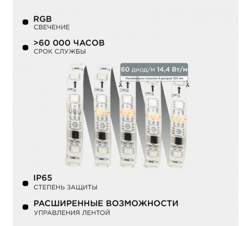 Комплект адресной светодиодной ленты Apeyron 24В 14,4Вт/м smd5050 60д/м IP65 10м RGB (адаптер питания, контроллер) 10-100 Комплект адресной светодиодной ленты Apeyron 24В 14,4Вт/м smd5050 60д/м IP65 10м RGB (адаптер питания, контроллер) 10-100