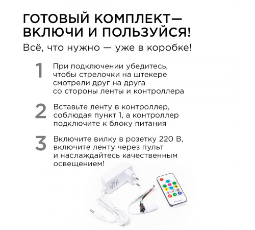 Комплект адресной светодиодной ленты Apeyron 24В 14,4Вт/м smd5050 60д/м IP65 2м RGB (адаптер питания, контроллер) 10-95