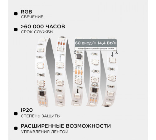 Комплект адресной светодиодной ленты Apeyron 24В 14,4Вт/м smd5050 60д/м IP20 10м RGB (адаптер питания, контроллер) 10-99 Комплект адресной светодиодной ленты Apeyron 24В 14,4Вт/м smd5050 60д/м IP20 10м RGB (адаптер питания, контроллер) 10-99