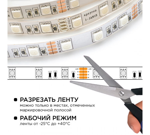 Комплект светодиодной ленты Apeyron 12В 14.4Вт/м smd 5050 60 д/м IP20 5 м RGB (блок, коннектор, контроллер) 10-33