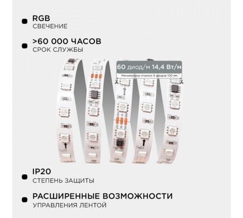 Комплект адресной светодиодной ленты Apeyron 24В 14,4Вт/м smd5050 60д/м IP20 5м RGB (адаптер питания, контроллер) 10-93