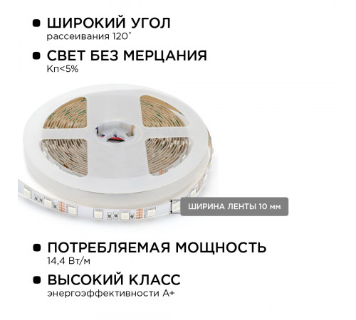 Комплект светодиодной ленты Apeyron 12В 14.4Вт/м smd 5050 60 д/м IP20 5 м RGB (блок, коннектор, контроллер) 10-33