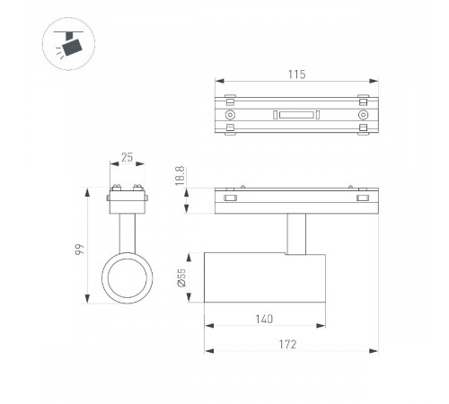 Трековый магнитный светильник Arlight MAG-VIBE-SPOT-R55-18W Warm3000 (BK, 24 deg, 48V) 044478 Трековый магнитный светильник Arlight MAG-VIBE-SPOT-R55-18W Warm3000 (BK, 24 deg, 48V) 044478