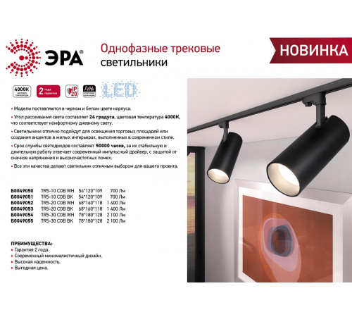 Трековый однофазный светильник ЭРА TR5-20 COB WH Б0049052