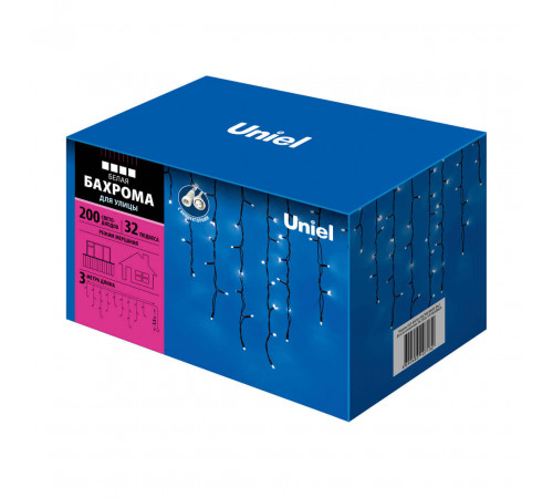 Уличная светодиодная гирлянда Uniel бахрома (UL-00003935) белый ULD-B3010-200/TBK White IP67 Уличная светодиодная гирлянда Uniel бахрома (UL-00003935) белый ULD-B3010-200/TBK White IP67