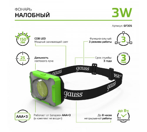 Налобный светодиодный фонарь Gauss от батареек 65х45 150 лм GF305 Налобный светодиодный фонарь Gauss от батареек 65х45 150 лм GF305