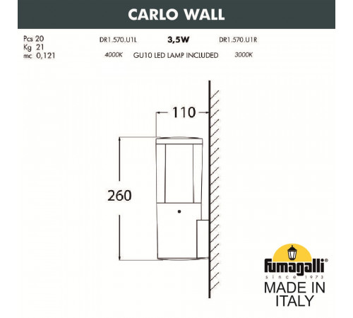 Уличный настенный светильник Fumagalli Carlo DR1.570.000.WXU1L Уличный настенный светильник Fumagalli Carlo DR1.570.000.WXU1L