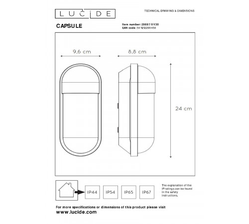 Уличный настенный светильник Lucide Capsule 29897/01/30 Уличный настенный светильник Lucide Capsule 29897/01/30