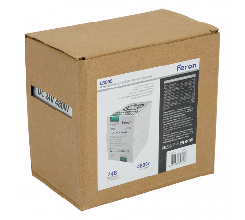 Трансформатор электронный на DIN-рейку Feron LB008 480W 24V IP20 52138
