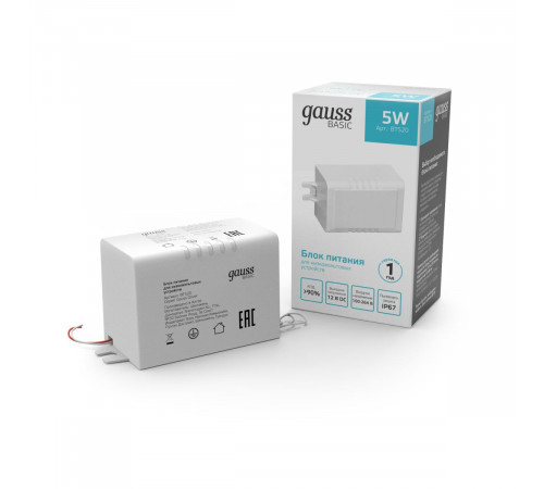 Блок питания Gauss Basic 5Вт DC12В 0.42А IP67 BT520 Блок питания Gauss Basic 5Вт DC12В 0.42А IP67 BT520