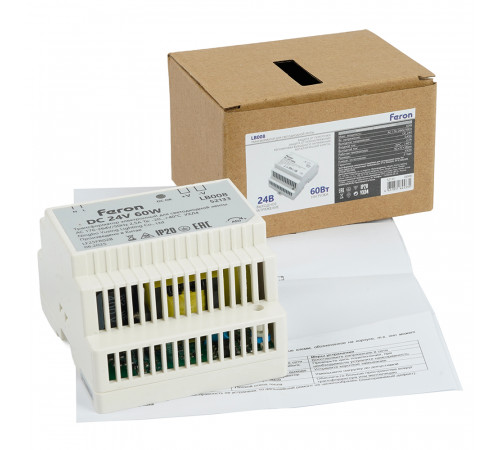 Трансформатор электронный на DIN-рейку Feron LB008 60W 24V IP20 52133