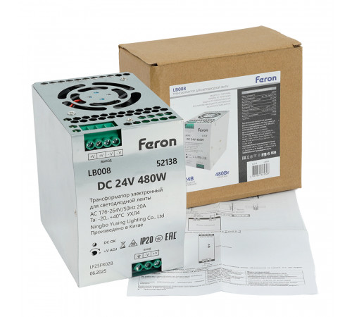 Трансформатор электронный на DIN-рейку Feron LB008 480W 24V IP20 52138
