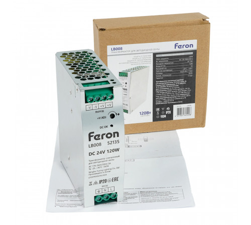 Трансформатор электронный на DIN-рейку Feron LB008 120W 24V IP20 52135