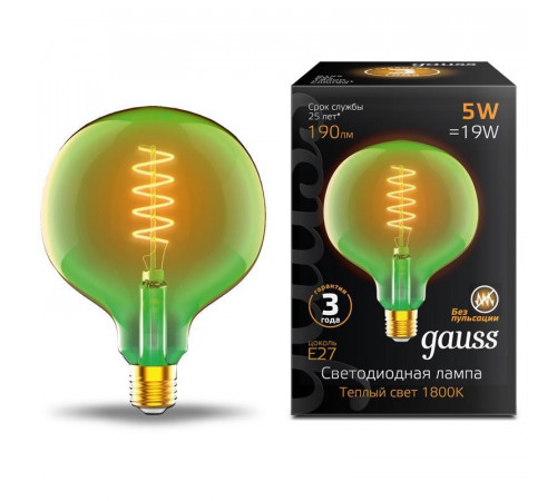 Лампа светодиодная диммируемая филаментная Gauss E27 5W 1800K шар зеленый 1012802105
