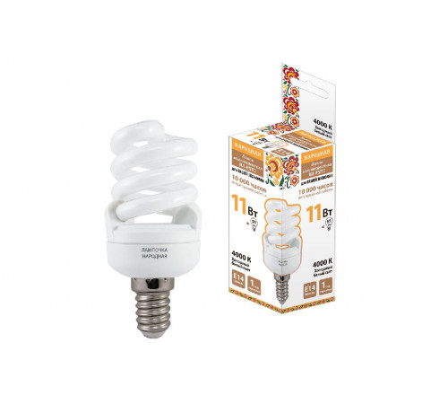 Лампа люминесцентная TDM Electric Народная Е14 11W 4000K матовая SQ0347-0018 Лампа люминесцентная TDM Electric Народная Е14 11W 4000K матовая SQ0347-0018