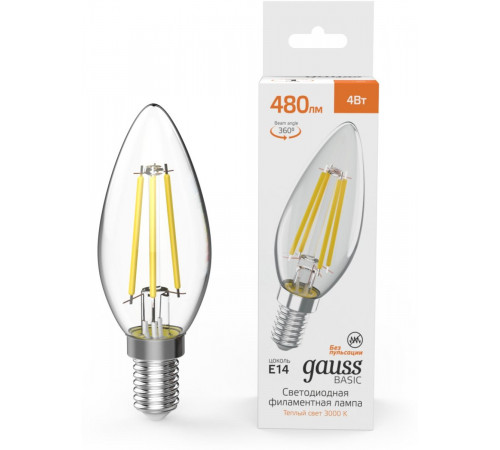 Светодиодная филаментная лампа Gauss Basic Filament E14 4W 3000K свеча 50312142