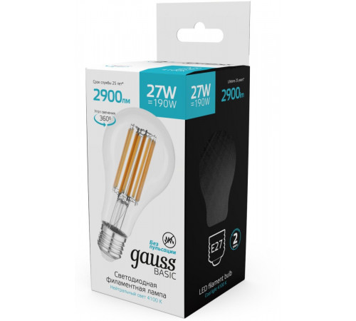 Светодиодная филаментная лампа Gauss Basic Filament Е27 27W 4100К 40712272