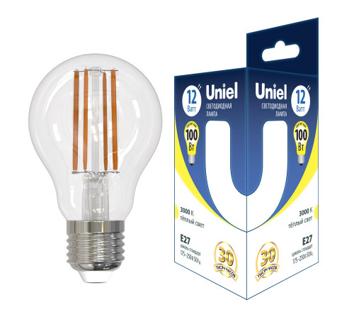 Лампа светодиодная филаментная Uniel E27 12W 3000K груша прозрачная LED-A60-12W/3000K/E27/CL GLA03TR UL-00006845 Лампа светодиодная филаментная Uniel E27 12W 3000K груша прозрачная LED-A60-12W/3000K/E27/CL GLA03TR UL-00006845