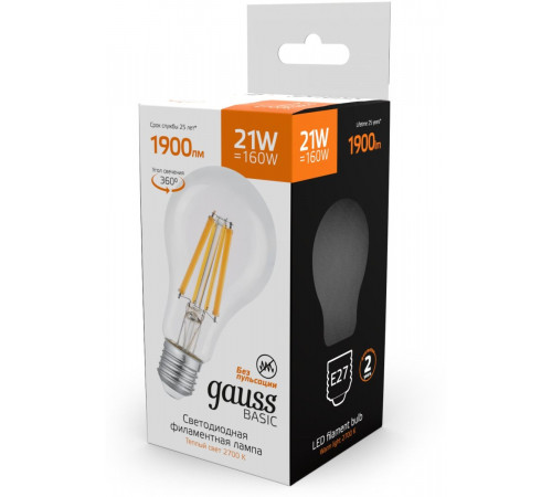 Светодиодная филаментная лампа Gauss Basic Filament Е27 21W 2700К 40712112