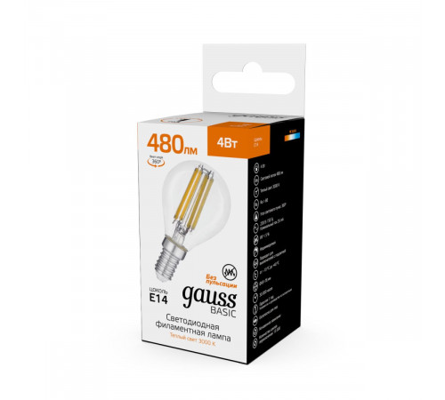Светодиодная филаментная лампа Gauss Basic Filament E14 4W 3000K шар 50512142